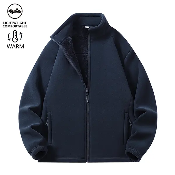 Men's Deep Blue Fleece Lined Warm Jacket - Full Zip Up Stand Collar Coat, Soft Warm Interior, Zipper Pockets, Comfortable Casual Top, A Must Have For Cold Weather & Everyday Wear