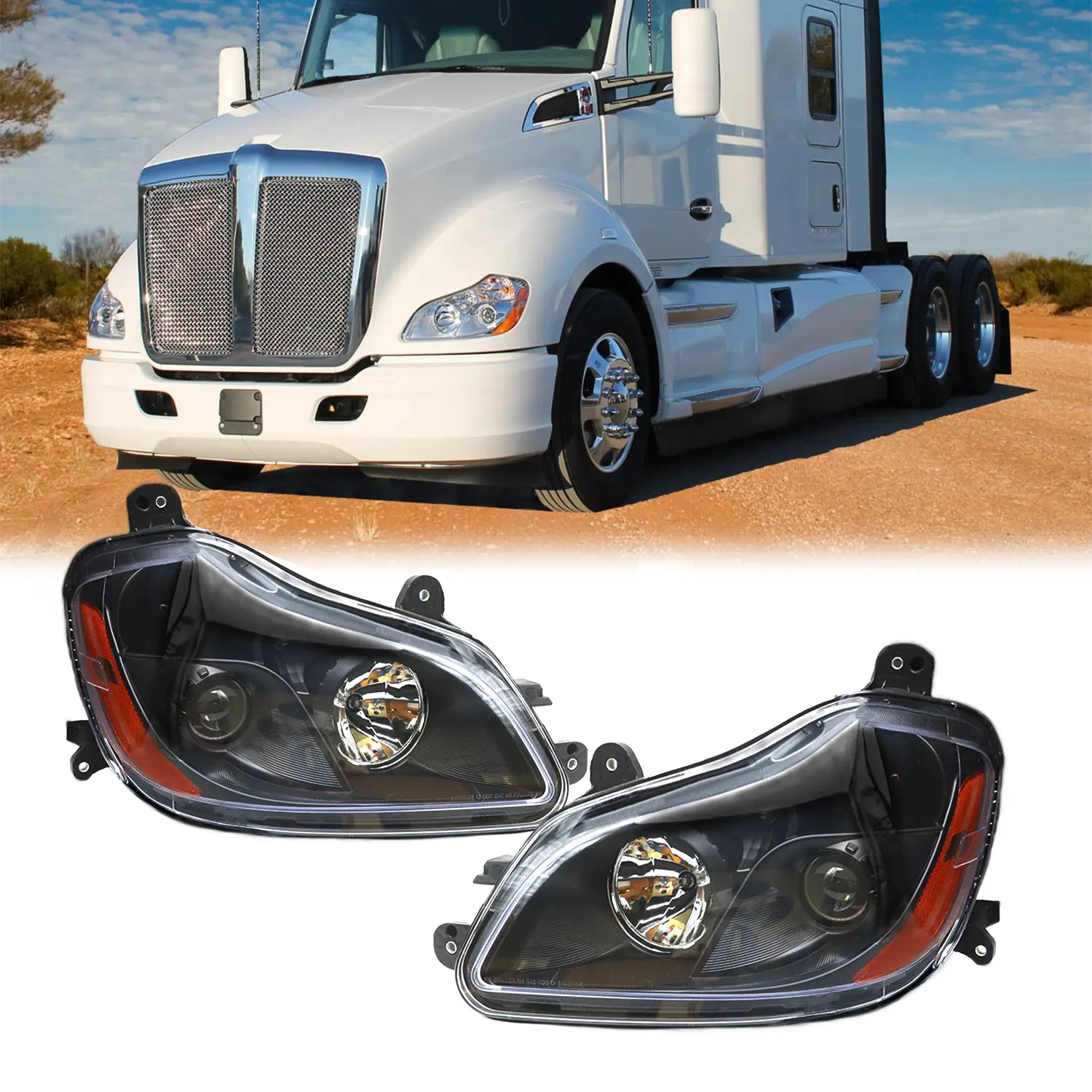 Black Halogen Headlight Assembly Pair, Compatible with Kenworth T680 (2013-2021), Automotive Headlight Replacement Component