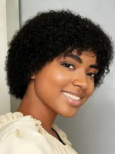 8 Inches Pixie Cut Wigs for Women, Short Human Hair Wigs with Bangs, Afro Curly Wig, Natural, Short Layered Pixie Wig, Kinky Curly Wig