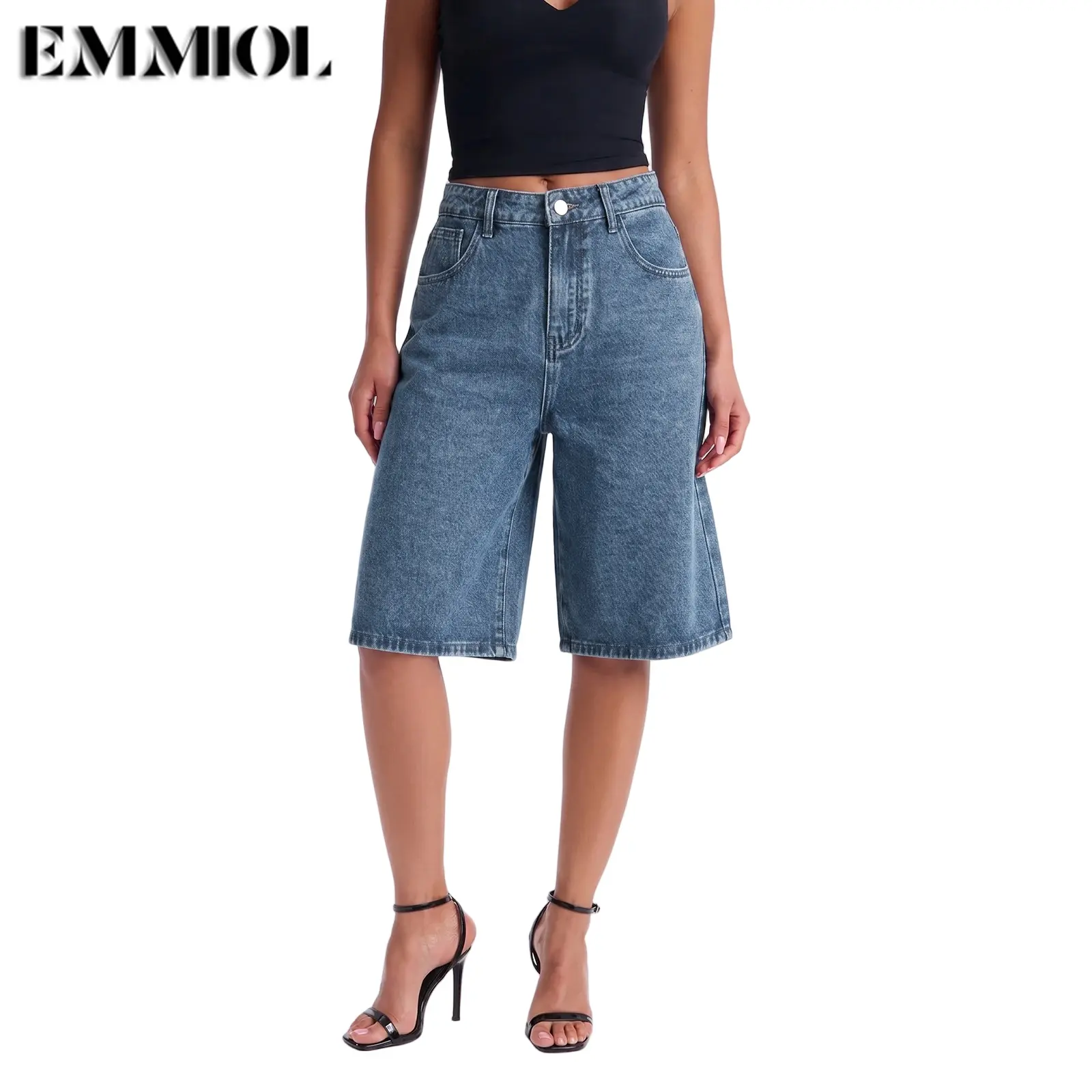 EMMIOL Women's Jorts Mid-Low Waisted Baggy Bermuda Jeans Jorts Summer Casual Denim Loose-Fitting with Basic 5 Pockets -  Blue Street Womenswear Summer Vibes