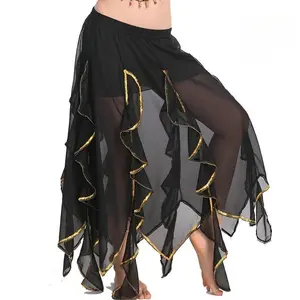 NewIndianDancePerformanceCostumesFeaturingBellyDanceSkirtswithGoldenTrim,ChiffonSkirts,AndWave-PatternedDanceDresses.