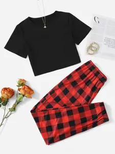 Red Black Plaid Pajama Set, Trending 2 Piece Loungewear Crop Top & Buffalo Check Pants, Breathable Sleepwear for Women, Perfect for Home Relax, Nightwear, Casual Daily Outfit & Cozy Lounge Wear, Pyjamas