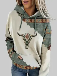 Women's Sporty Top with Western Ethnic Highland Cow Print, Vintage Inspired Hoodie Featuring Soft Knit Fabric and Relaxed Fit for Casual Comfort and Stylish Daily Wear