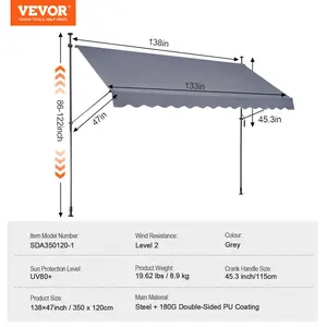 VEVOR 138x 47 Patio Awning Retractable, Awning Sunshade Shelter with Manual Crank Handle, Outdoor Patio Canopy Sunsetter Deck, Adjustable Height from 86 to 122 in, for Patio/Balcony/Yard, Dark Gray