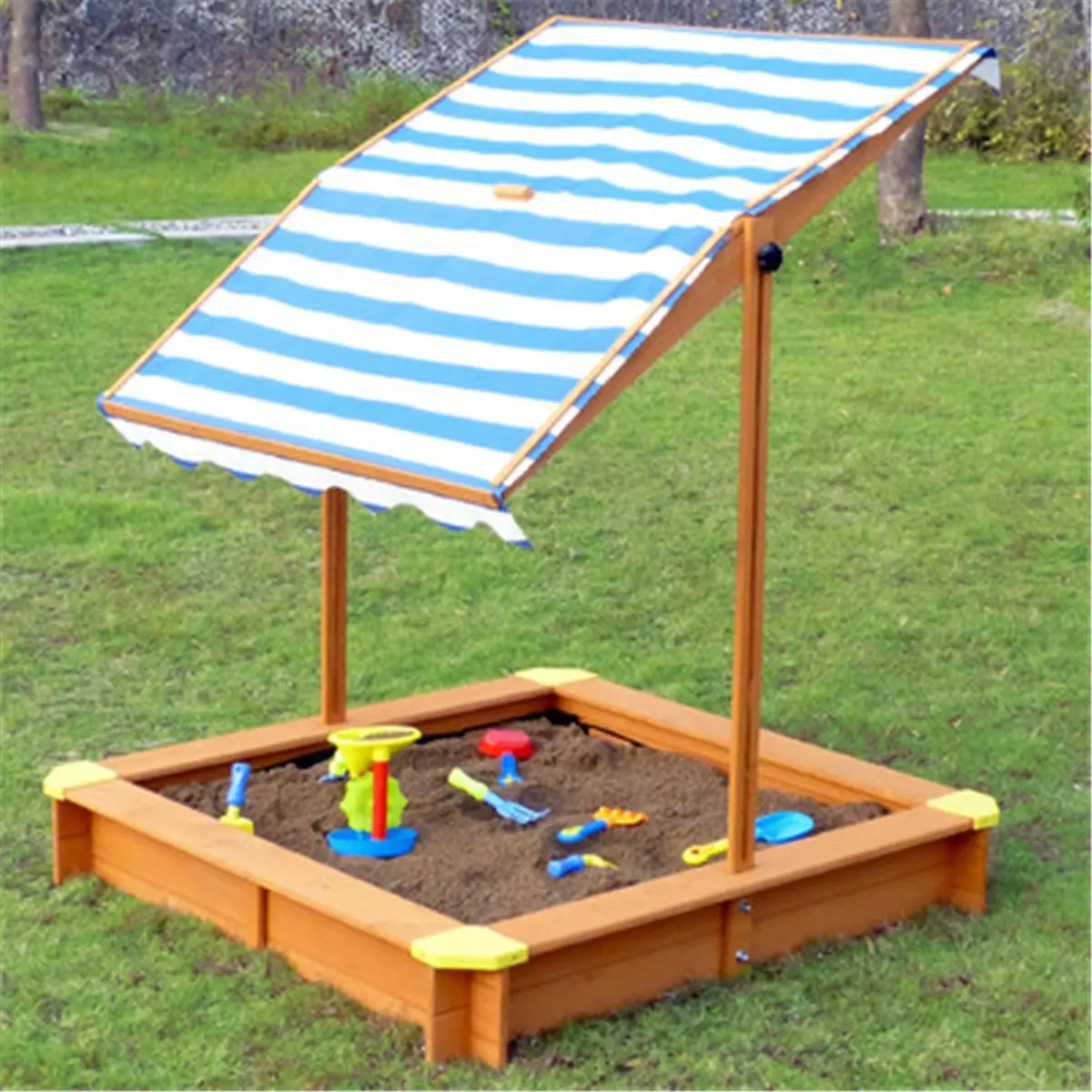212 MAIN Canadian Hemlock Wood Sandbox for Kids' Outdoor Play, 46.5" Square with Adjustable Retractable Canopy Cover, 46.5" H X 46.5" W X 46.5" L
