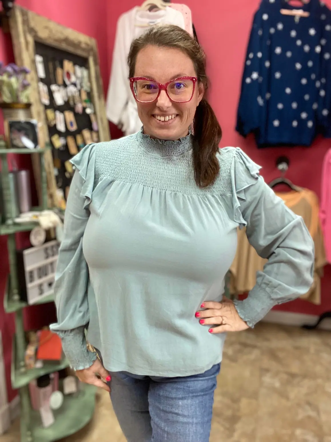KORI  Smoked Shoulder Ruffle Top with Smocked Sleeves Comfortable Fit Shirts