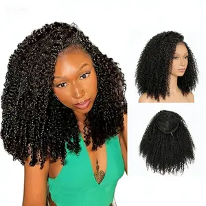 MISS ROLA Kinky Curly Half Wig Human Hair 200% Density 3 In 1 Half Wig Glueless Wigs Human Hair Wear and Go Drawstring Seamless Flip Headband Wig for Women Beginner Friendly Natural Black 22 inch