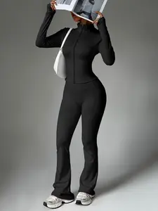 Women's Solid Color Zipper Jacket & Pocket Flare Pants Set, Sweatsuit Outfits, Perfect for Yoga Gym Outdoor Sports, Comfortable Breathable Autumn Winter