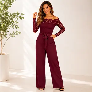 Women's Black Off Shoulder Bodycon Jumpsuit Long Sleeve Eyelash Lace Detail Tie Front One Piece Outfit Elegant Party Clubwear
