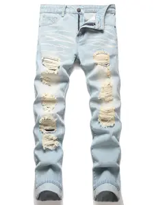 Men's ripped white washed jeans, casual slim fit denim for men