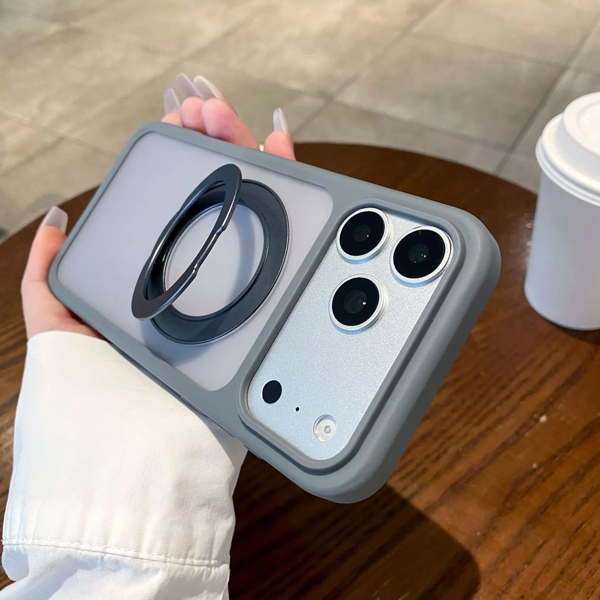 Practical Matte Skin-Touch Phone Case, with a 360-degree adjustable magnetic ring kickstand and MagSafe charging support, anti-slip drop-proof protective cover, a functional tech accessory for video shooters, couch viewing enthusiasts, and campus