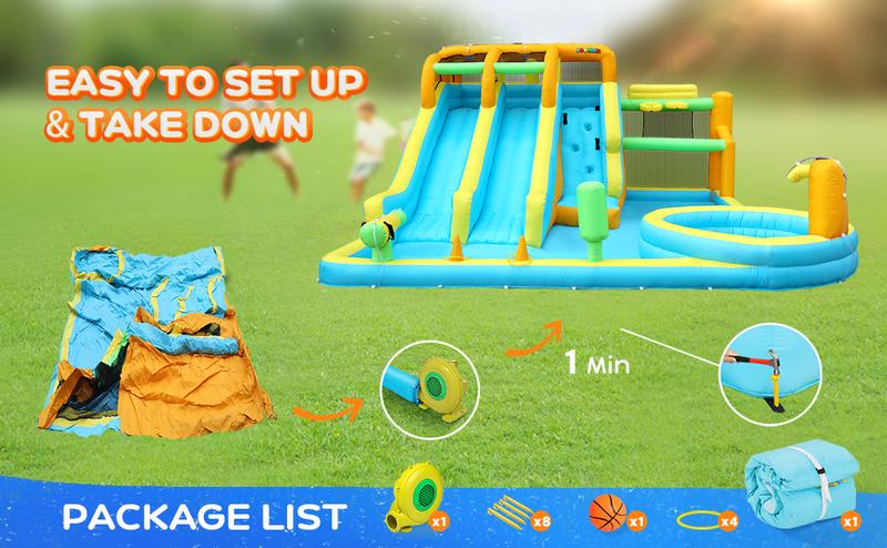 JOYMOR 11-in-1 Inflatable Water Slide for Kids Backyard w/ 2 Waterslide, 2 Basketball Hoop, Pool, Climbing Wall, Water Blasters, 1min Blow Up Water Slides Park w/ 750w Blower, Storage Bag