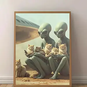Funny Alien Cat Wall Art Poster, Surreal Sci-Fi Canvas Print, Dopamine Aesthetic Decor for Bedroom, Living Room & Apartment backyard