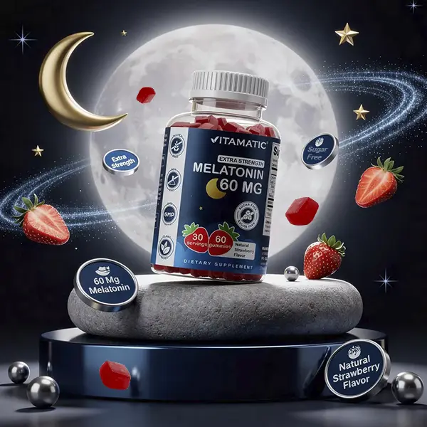 Vitamatic Extra Strength Melatonin 60mg Plant-Based Nighttime Sleep Gummies - 60 Vegetarian, Lactose-Free, Sugar-Free Natural Strawberry Dietary Supplements, Non-Habit Forming, 30 Servings, Health Selfcare Products