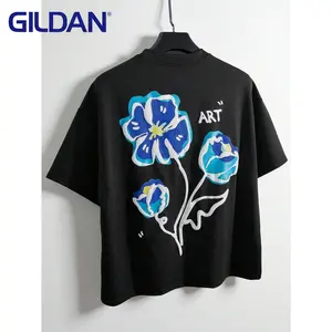 Gildan G5000 Men's Cotton Stretch Round Neck Short-Sleeve Floral Embossed Streetwear Graphic T-Shirt - Soft Fabric Top, Black Alt Artist Men's T Shirts, Casual Outdoor Outing Wear, Boyfriend Gift,summervibes