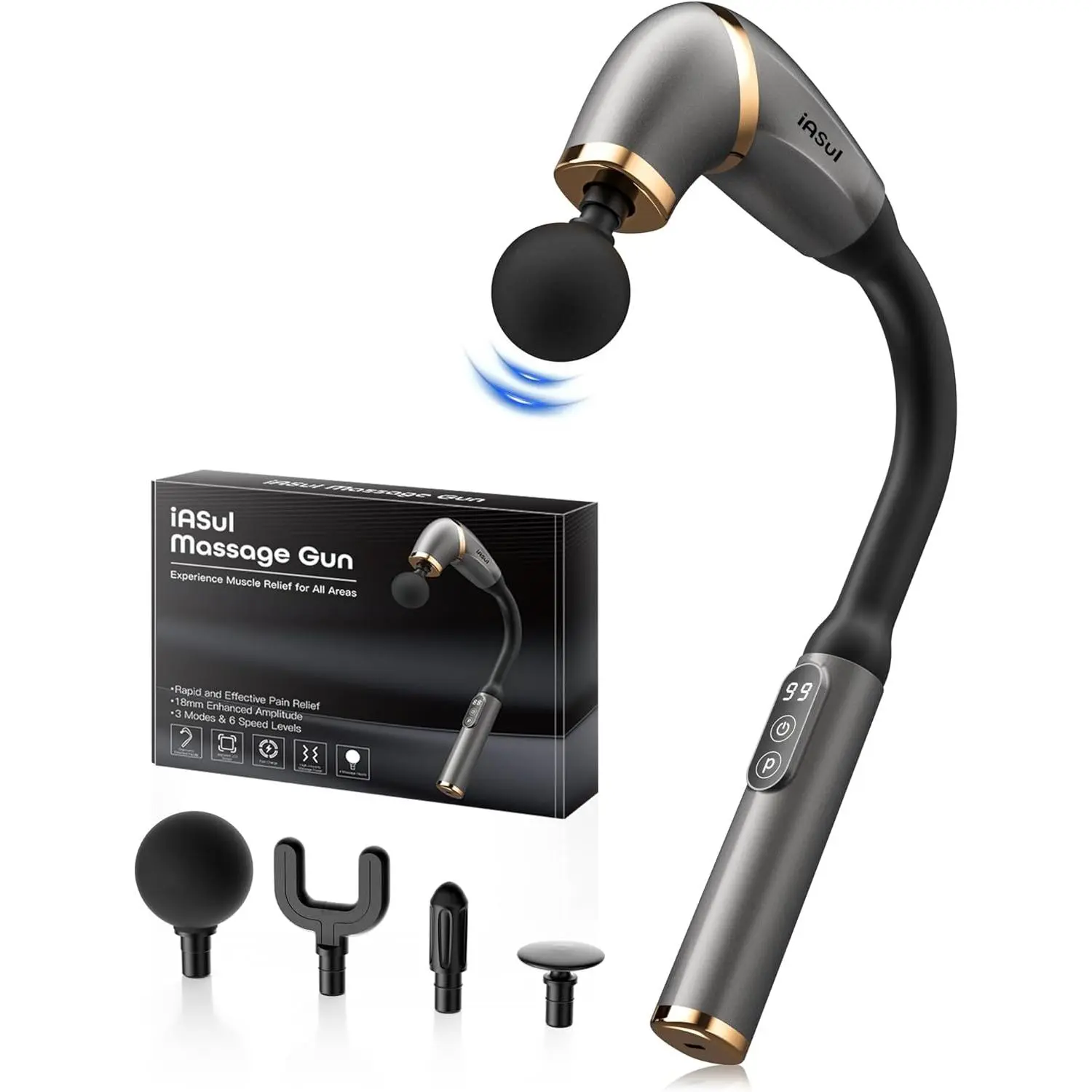 Massage Gun Pro - Extended Handle, 4 Heads, 3 Modes, USB-C Fast Charge