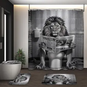 LVRLVR 4pcs Lion Reading Newspaper Humorous Bathroom Set with Shower Curtain, Bath Rugs and Hooks - 70.8"×70.8" (180×180cm)