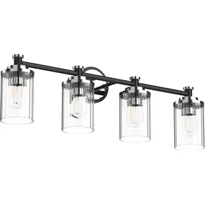 Bathroom Lighting Fixtures Black and Chrome Bathroom Vanity Light with Cylindrical Clear Stripes Glass Lampshade E26 Socket Base Bathroom Lighting Fixtures Over Mirror (4 Lights)