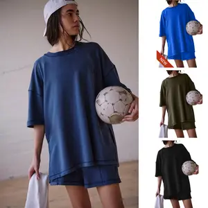 SCUSTY Women's Loose Casual Cotton Two-Piece Set Long Round Neck Top with Side Slit High-Waisted Dropped-Crotch Shorts with Side Pockets Vintage Washed Finish