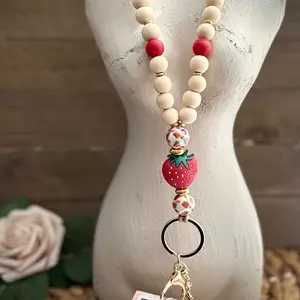 Be Kind Strawberry Lanyard with wood and silicone beads | Breakaway lanyard creative id badge holder