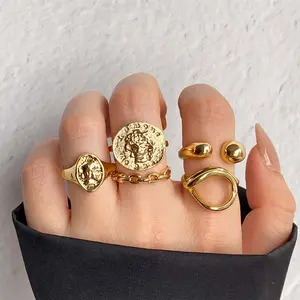 Retro geometric metal relief ring 5-piece set trendy ring index finger ring women's jewelry