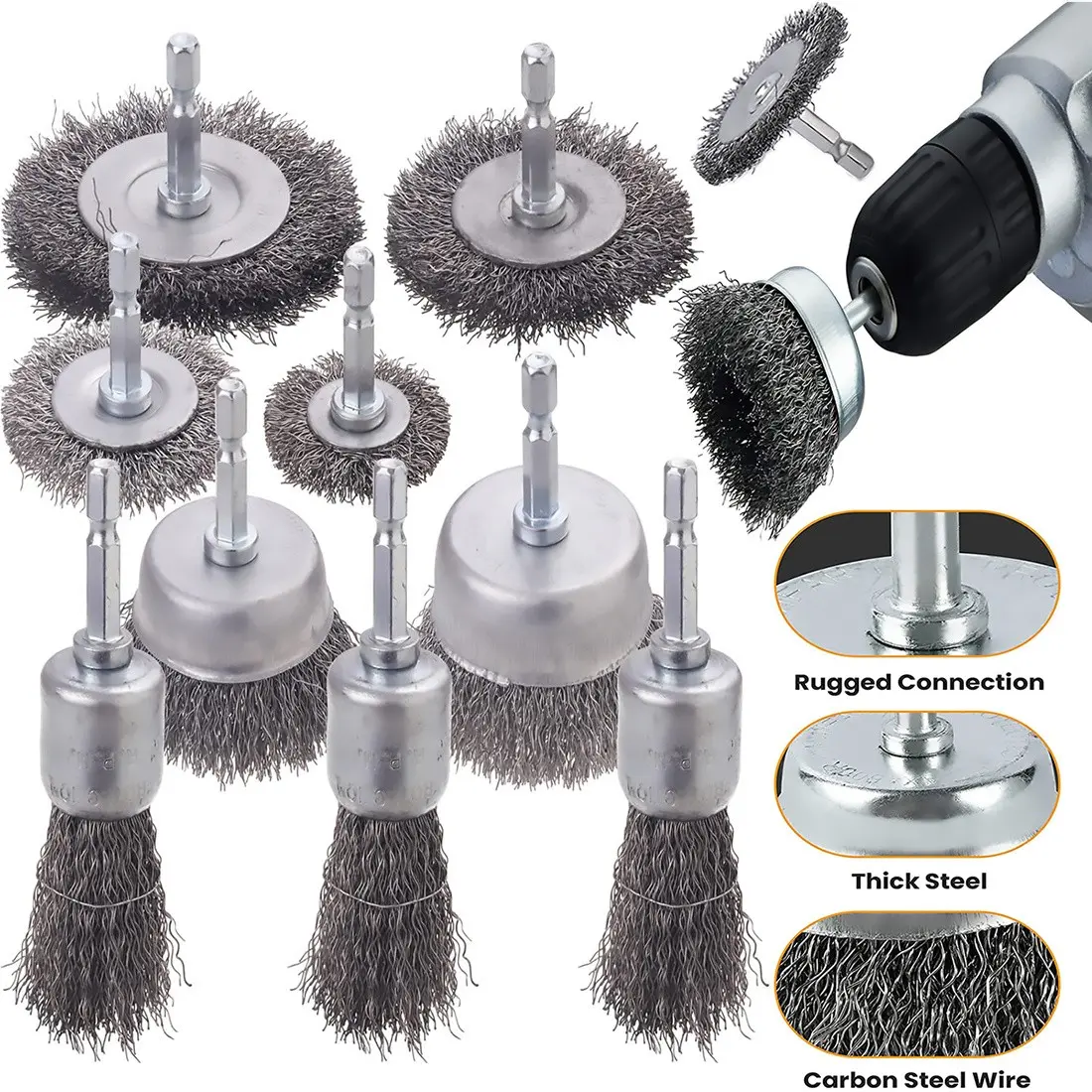 10pcs Steel Wire Brush Wheel Cups, Suitable for Drilling, Drill Attachments, 1/4 Inch Hex Shank Drill Bit, 0.012 Inch Carbon Steel, Rust Removal, Grinding