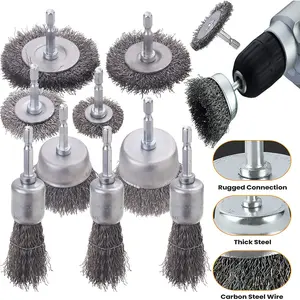 10pcs Steel Wire Brush Wheel Cups, Suitable for Drilling, 1/4 Inch Hex Shank Drill Bit, 0.012 Inch Carbon Steel, Rust Removal, Grinding