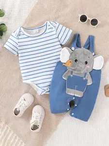 Boys' Cartoon Elephant Two-Piece Set, Striped Short Sleeve Romper + Waffle Bib Pants, Cute Summer for Kids, Comfortable and Stylish