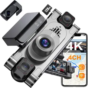 4K DashCam for Cars,4 Channel Car Dash Cam Front and Rear Inside with Voice Control,5G WiFi GPS, Night Vision, G Sensor, WDR, 24/7 Parking Mode Loop Recording ，Dash Camera with Free 128G Card Gray Surveillance Safety Protection Monitoring Picture