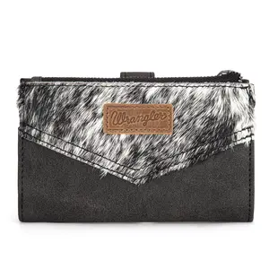 Wrangler Genuine Hair-On Cowhide Bi-Fold Card Holder with Button Closure & Zip Coin Pocket Sturdy for Women Casual 8 Credit Card Slots 4 Open Compartments 1 ID Slot