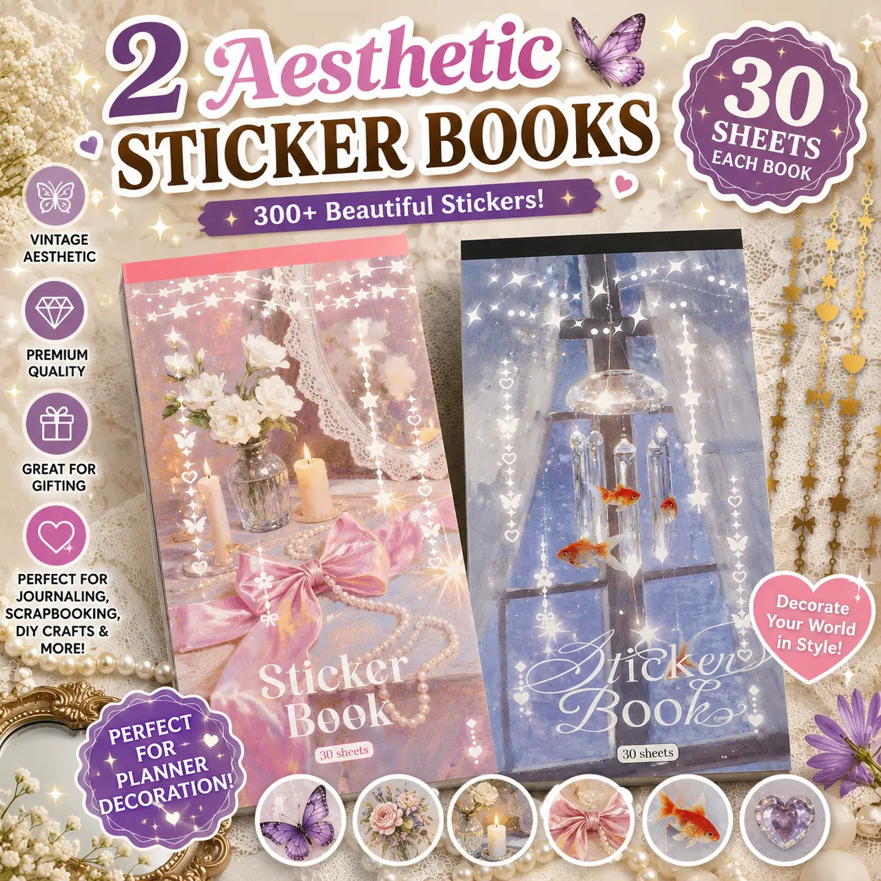 2 Styles Chain Border Sticker Book, 30 Sheets Each Glitter Star Heart Bow Lace Frame Stickers, Aesthetic Decorative Chain Stickers for Journal, Scrapbook & Guka DIY Crafts