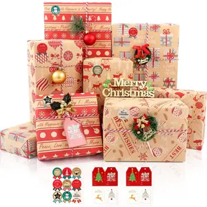 8 Sheets Christmas Wrapping Paper, Brown and Red  Wrapping Paper Set with Tags Stickers, Recycled   Xmas Wrap Paper,  Wrap for Christmas Winter Holiday Party Decor, 20x28inch