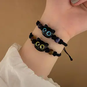 Minimalist Black Cat Bracelet Women Sweet Cool Cartoon Big Eye Animal Pendant Charm Strap Rope Bracelets Jewelry Friendship Gift