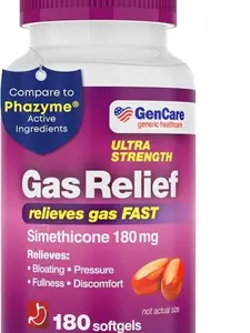 GenCare - Ultra Strength Simethicone Gas Relief 180 mg (180 Softgels) | Anti Flatulence, Bloating Aid, Stomach Discomfort and Gas Pressure Reliever Pills | Relieves Gas Fast | Generic Phazym