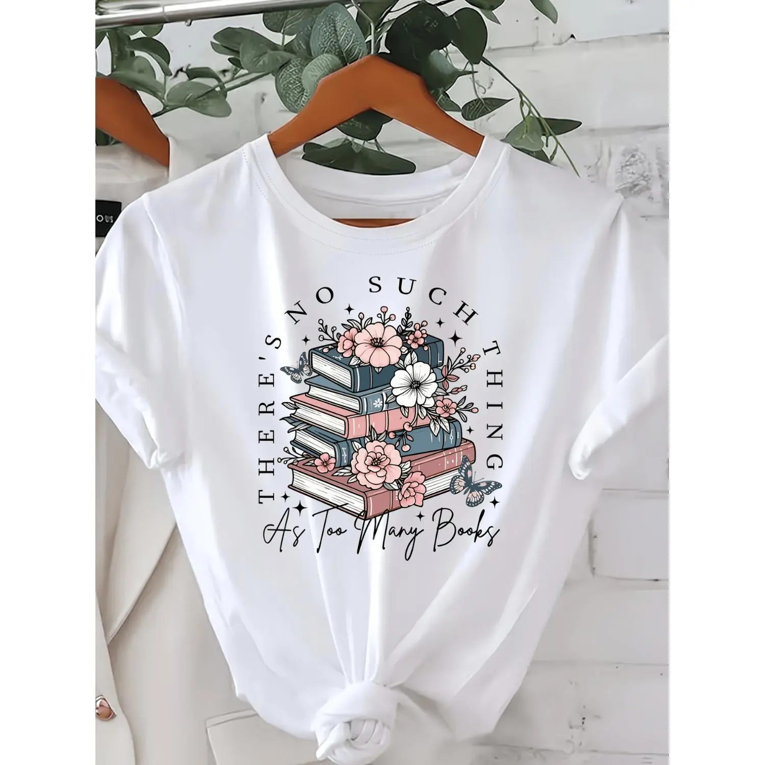 Women 'S Book Lover'S T-Shirt - "There'S No Such Thing As Too Many Books" Graphic Tee with Book Stack And Floral Design - Soft Everyday Casual Shirt for Book Nights