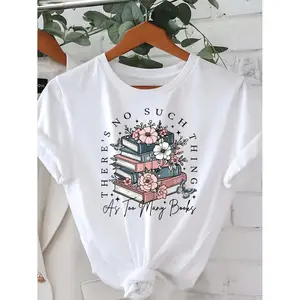 Women 'S Book Lover'S T-Shirt - "There'S No Such Thing As Too Many Books" Graphic Tee with Book Stack And Floral Design - Soft Everyday Casual Shirt for Book Nights