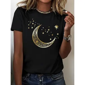 Women's Black Crew Neck Short Sleeve T-Shirt with Crescent Moon & Star Print - 100% Cotton Casual Tee for Fall Winter Home & Outdoor Wear | Fashionable Graphic T-Shirt Top Womenswear Crewneck Fitted Shortsleeve