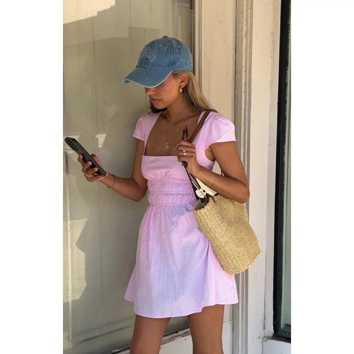light pink color dress Light Pink Satin Scoop Neck Dress With Lace Up Back main image 0