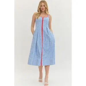 Entro Blue Gingham Dress with Red Contrast Trim