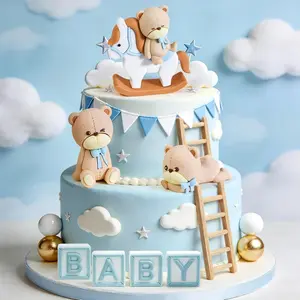 Blue Baby Bear Cake Topper Kit - Oh Boy Themed Bear Decorations with Gold Balls for Baby Shower, Birthday Party (Festive & Party Home Cake Decorating Essentials)