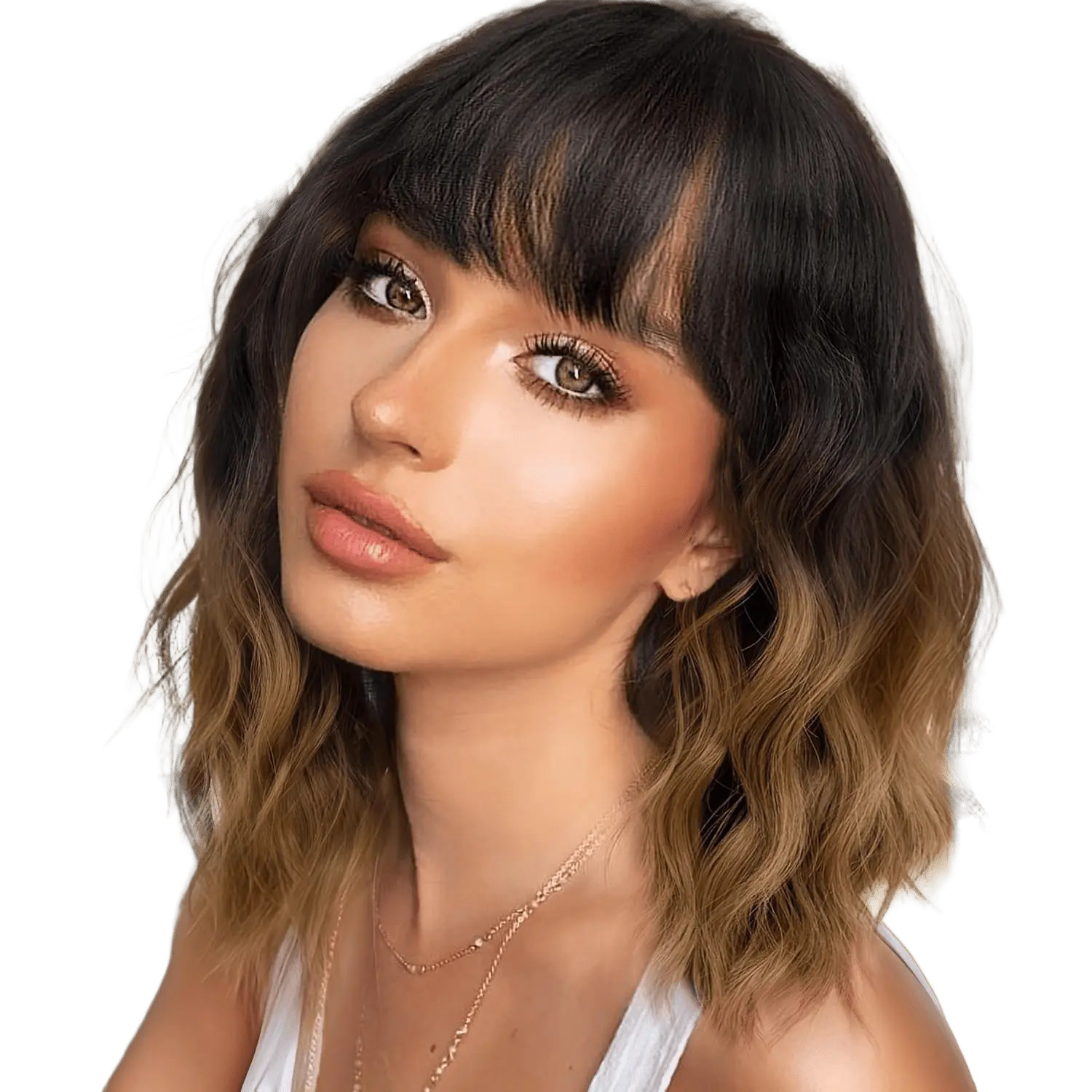 ZIHAN Female 16-in Wavy Bob Machine Made Wig, Short Black-to-Brown Ombre Synthetic Material Wig with Bangs, Soft Heat-Resistant, Natural-Looking Realistic Illusion Hairline for Daily, Party Use, Machine Made Wigs