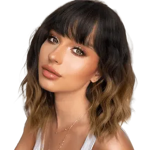 Short Black to Brown Wigs for Women 16 Inch Wavy Bob Wig with Bangs Natural Looking Soft Heat Resistant Synthetic Ombre Brown Wig for Daily Party Use Realistic Illusion Hairline