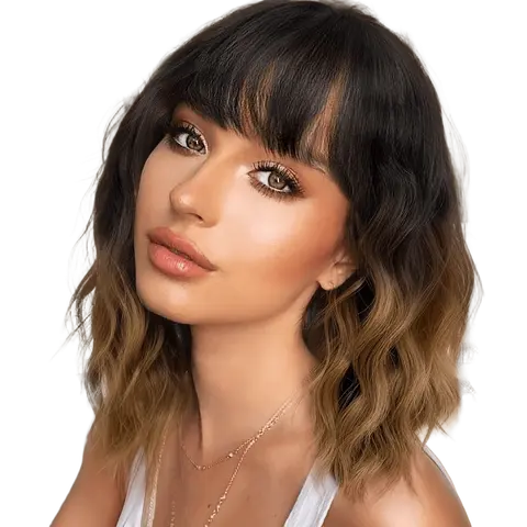ZIHAN Women's 16-in Snug Fit Wavy Bob Synthetic Full Machine Wig, Short Black-to-Brown Ombre with Bangs, Soft Heat-Resistant Synthetic Material, Realistic Illusion Hairline, for Daily & Travel Use, Machine Made Wigs