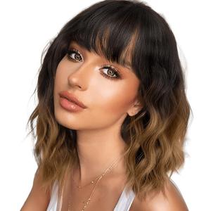 ZIHAN Female 16-in Wavy Bob Machine Made Wig, Short Black-to-Brown Ombre Synthetic Material Wig with Bangs, Soft Heat-Resistant, Natural-Looking Realistic Illusion Hairline for Daily, Party Use, Machine Made Wigs summerwins