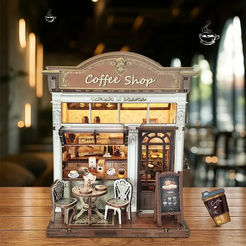 DIY Coffee Shop Doll House Wooden Miniature Set Model Kit, Handmade Craft 3D Puzzle with Furniture, Perfect Gift for Friends' Birthdays[Meet the coffee house]