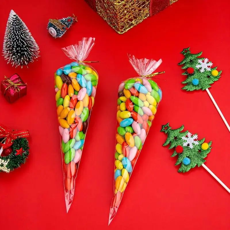 Cone-Shaped Cellophane Bags, Twist Ties, Perfect for Popcorn & Candy Gifts, Ideal for Small Businesses & Parties