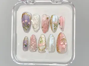 Dreamy Press On Nails Almond, Jelly Pastel Tulip Nail Art, 3D FairyCore Flower Press Ons