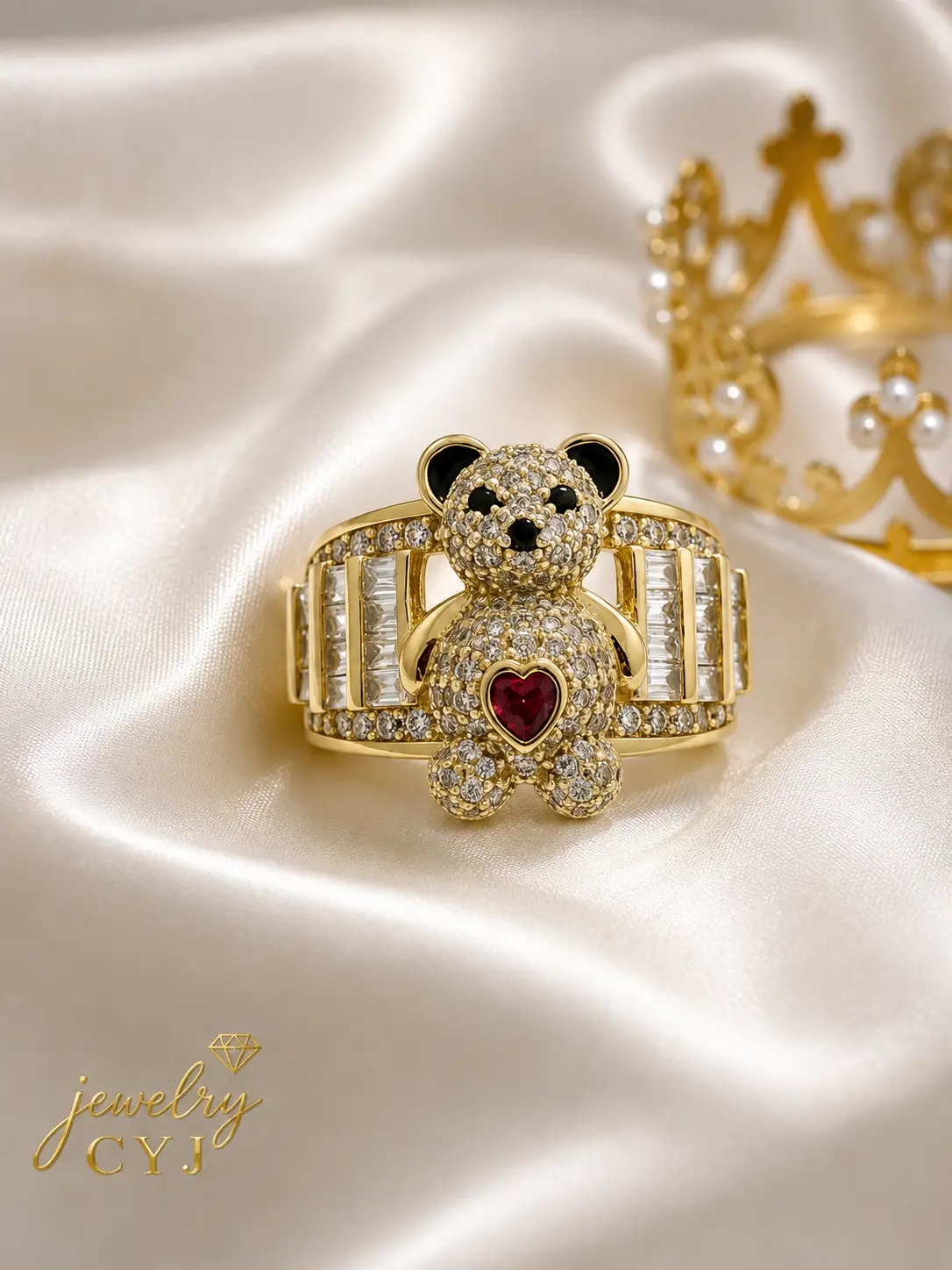 cute teddy bear ring with cubic zirconia