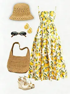 Women's Casual Lemon Print Sleeveless Vacation Dress, Comfortable and Stylish Summer, Perfect for Beach and Leisure Wear