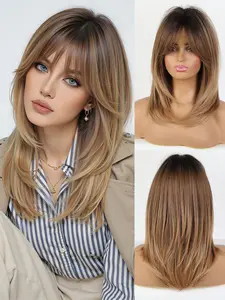 Light Gradient Bangs Medium Long Synthetic Hair Wig 16 Inches, Breathable Adjustable Inner Net, Smooth Anti-Knot, Lightweight Comfort, Natural Look, Natural Looking Wig